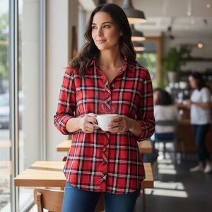 Talbots Womens 1/2 Button Down Pullover Shirt Plaid Long Sleeve Red Black 16